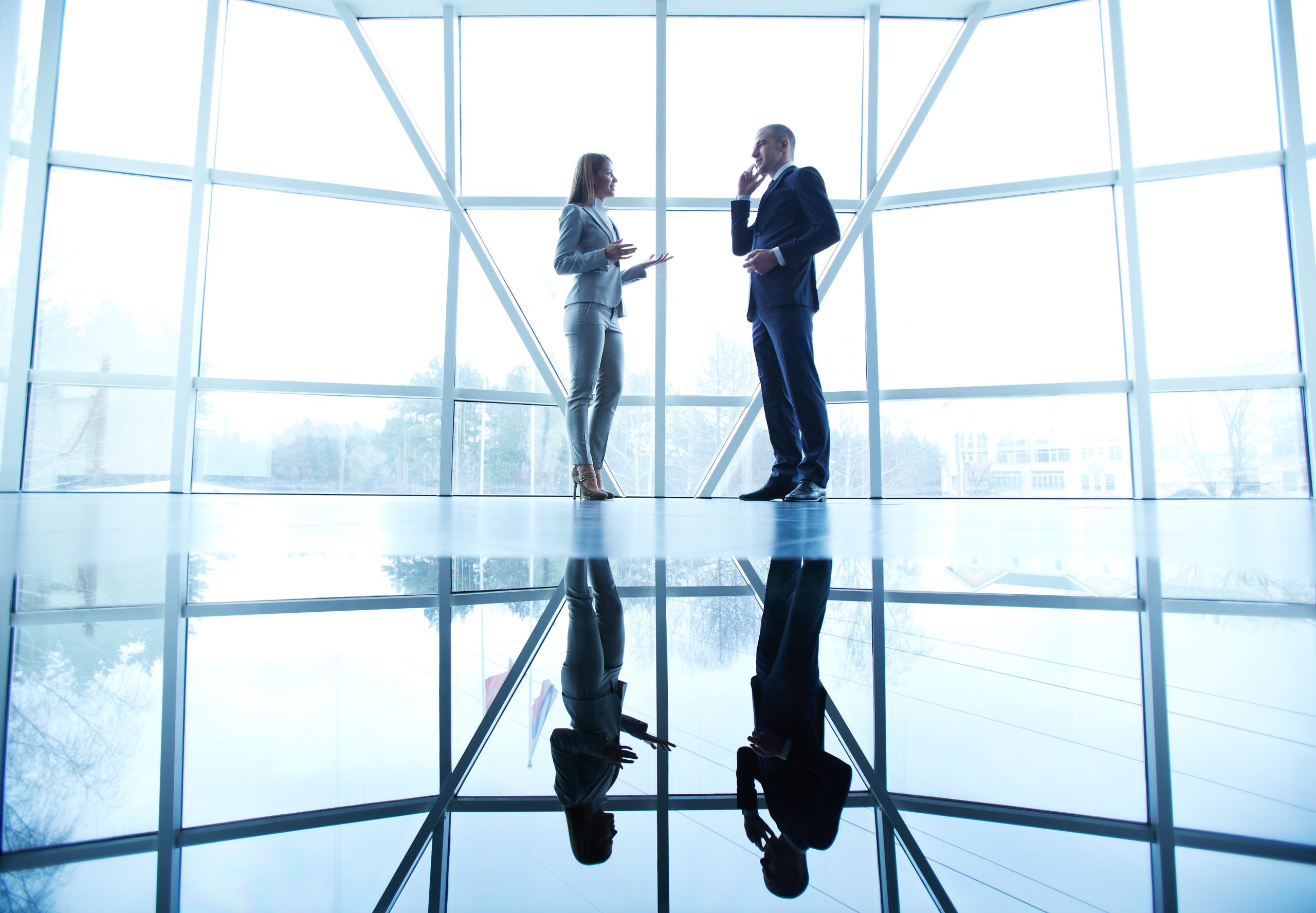 Image of successful businessman and businesswoman communicating at meeting